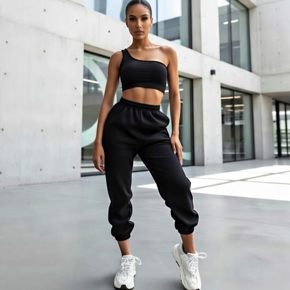 Черен спортен комплект с асиметричен топ C0258