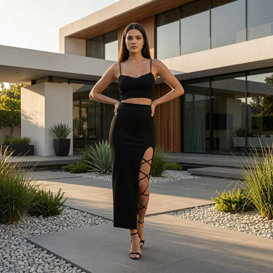 Set elegant negru cu crăpătură înaltă și legături C0276