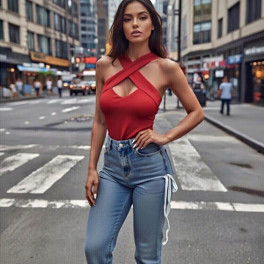 Дамски червен топ с преплетено деколте C0533