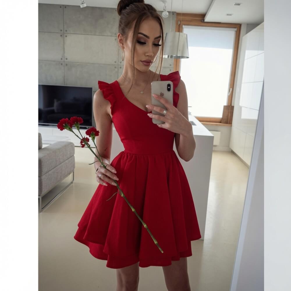 Rochie roșie de vară cu decolteu în V și volane C0024