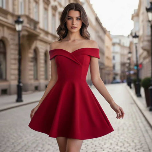 Червена къса рокля с открити рамене и разкроена долна част C0083