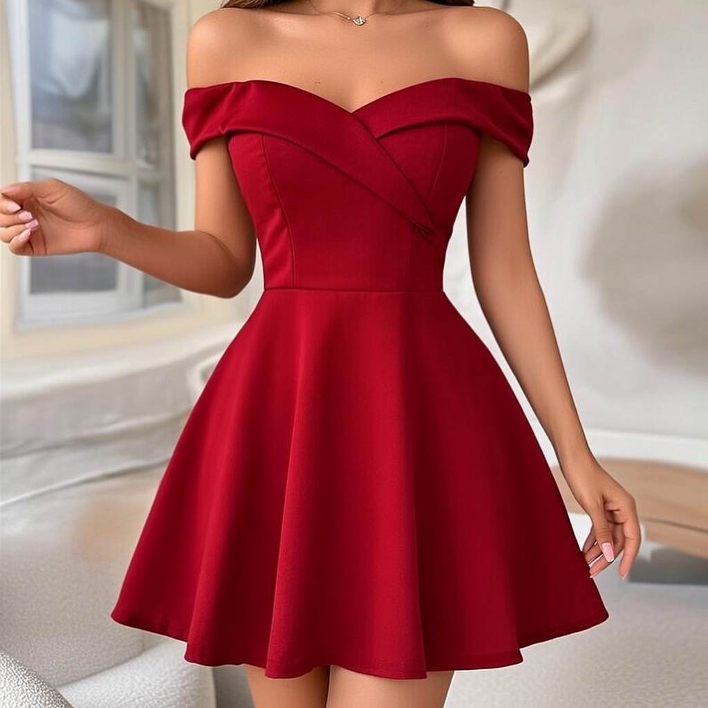 Червена къса рокля с открити рамене и разкроена долна част C0083