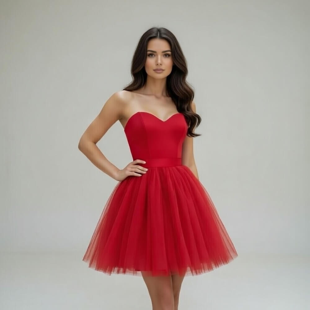 Червена рокля с тюл и бюстие тип сърце C0486