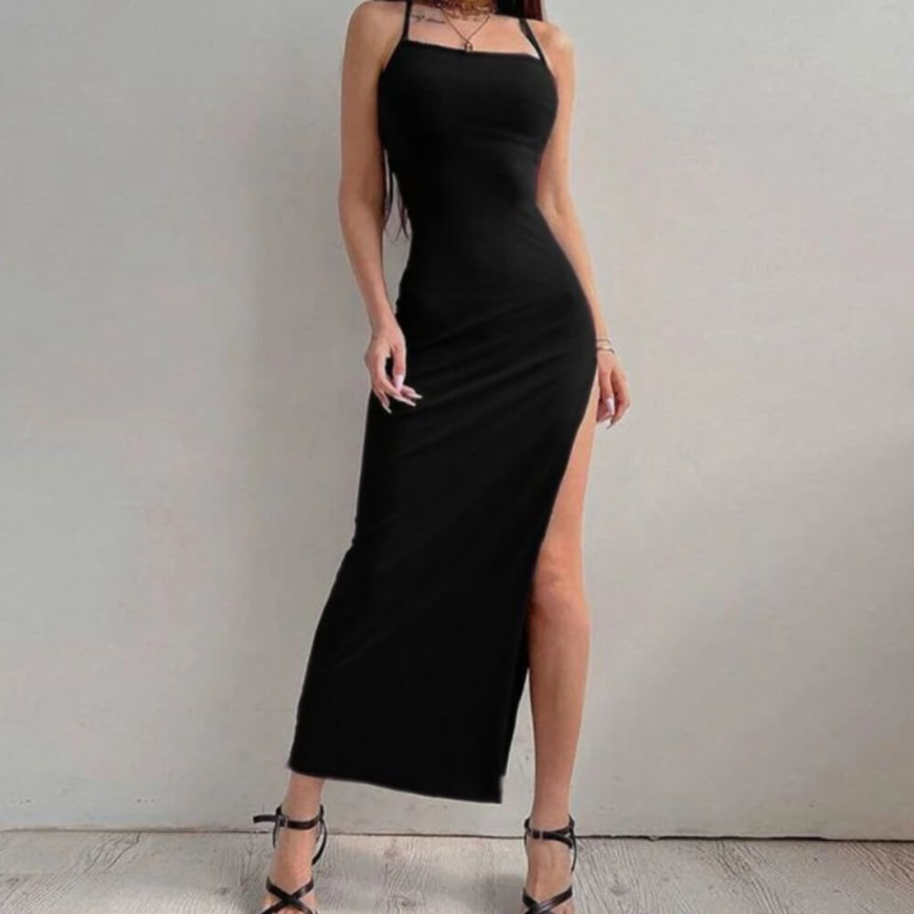 Rochie lungă neagră cu crăpătură C0598