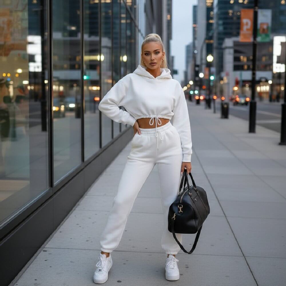 Бял спортен комплект с къс суичър с качулка C0244