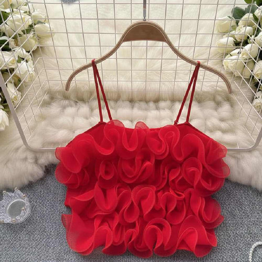 Елегантен червен топ с ефектни къдрици от тюл C0587