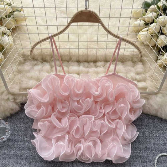 Елегантен розов топ с ефектни къдрици от тюл C0588