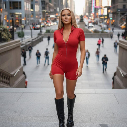 Червен гащеризон с цип отпред C0620