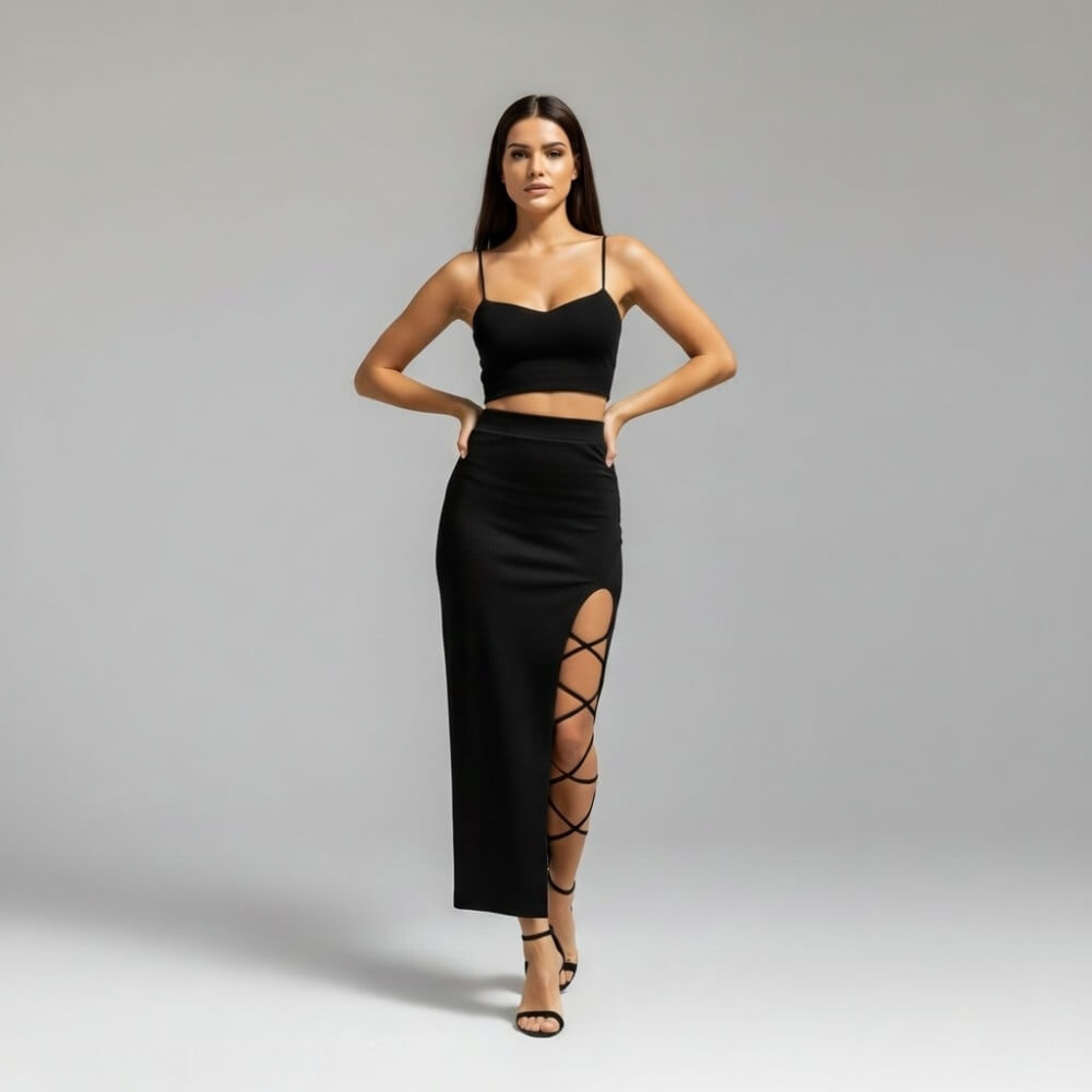 Set elegant negru cu crăpătură înaltă și legături C0276