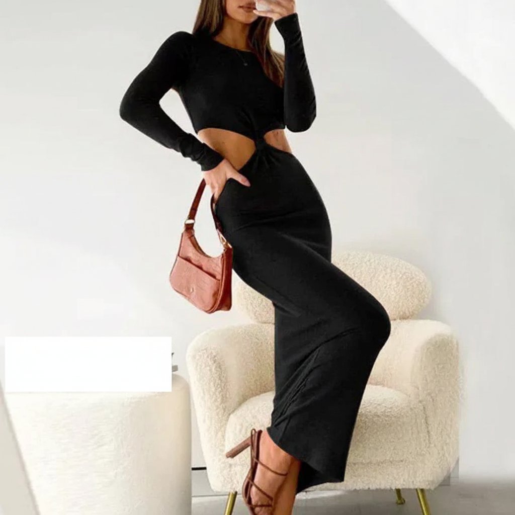 Черна дълга рокля с изрязана талия C0119