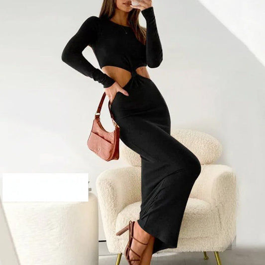 Черна дълга рокля с изрязана талия C0119