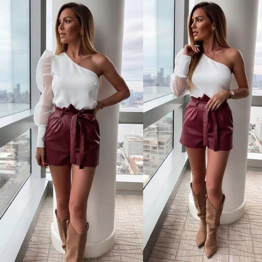 Бяла официална блуза с едно рамо C0582