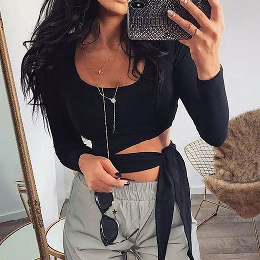 Черна асиметрична блуза и връзка в талията C0505