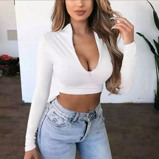 Бяла къса блуза с цип и дълбоко деколте C0509