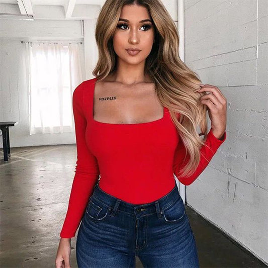 Червена дамска блуза с квадратно деколте и дълъг ръкав C0528