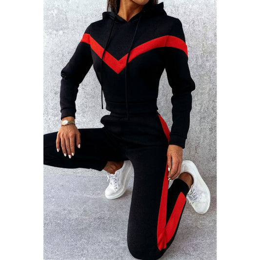 Червено-черен спортен екип с качулка C0364