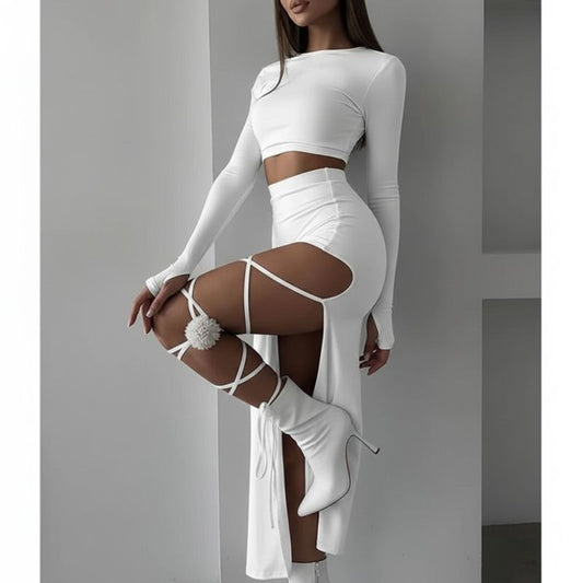 Бял комплект с дълъг топ и пола с връзки C0532