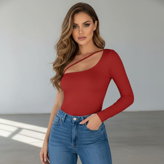 Червена дамска блуза с асиметрично деколте и един ръкав C0503