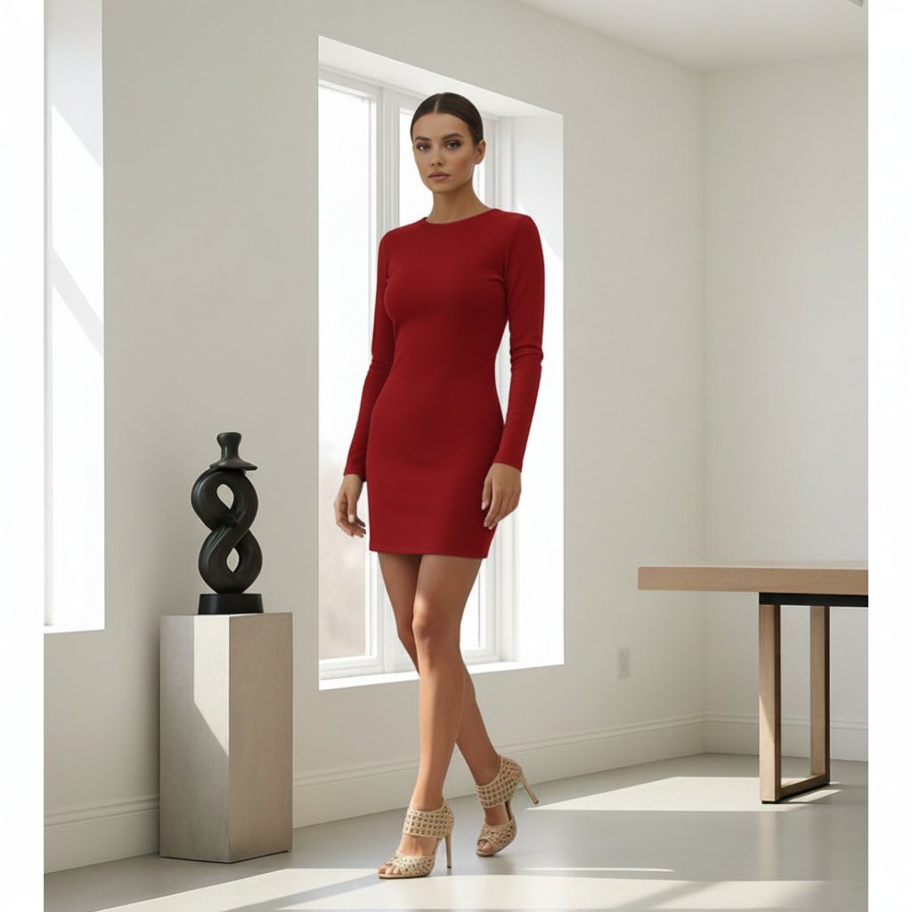 Червена рокля с дълъг ръкав и гол гръб C0464