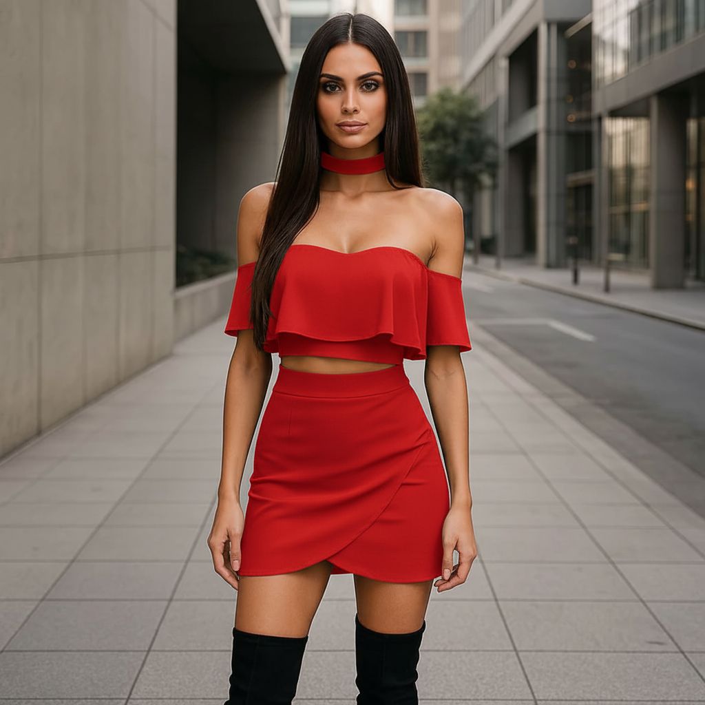 Червен комплект с бюстие и мини пола C0351