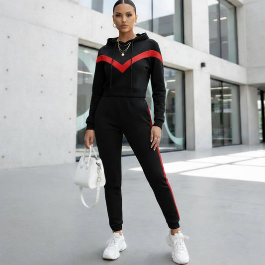 Червено-черен спортен екип с качулка C0364