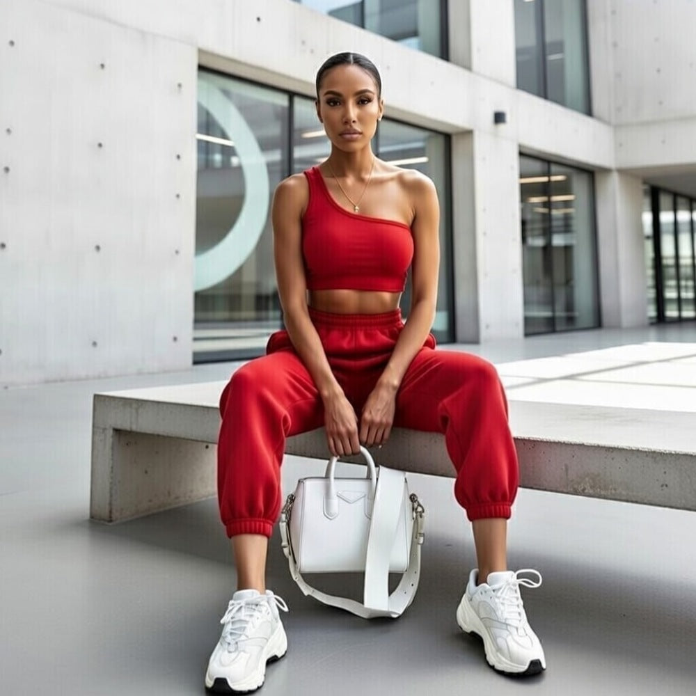 Set sport roșu pentru femei, format din două piese C0584