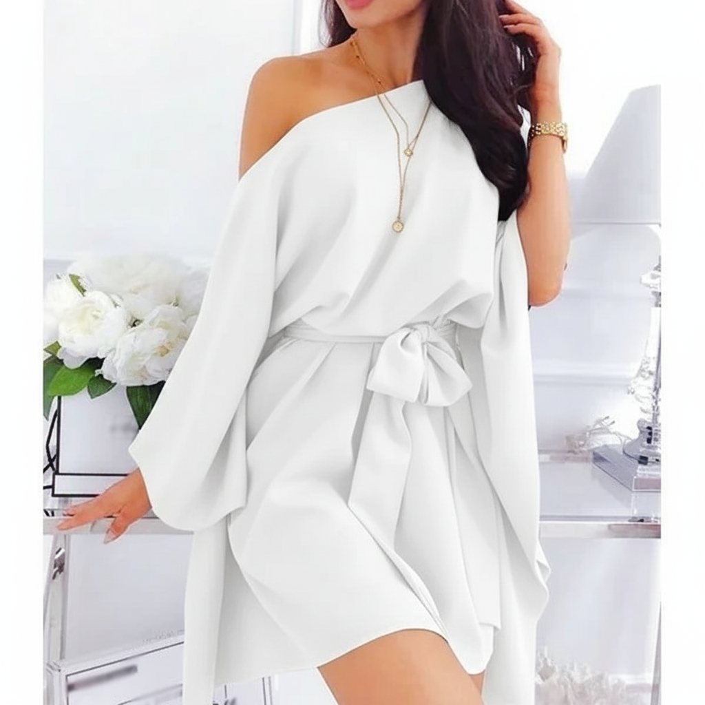 Λευκό φόρεμα με χαμηλωμένους ώμους και ζώνη C0453