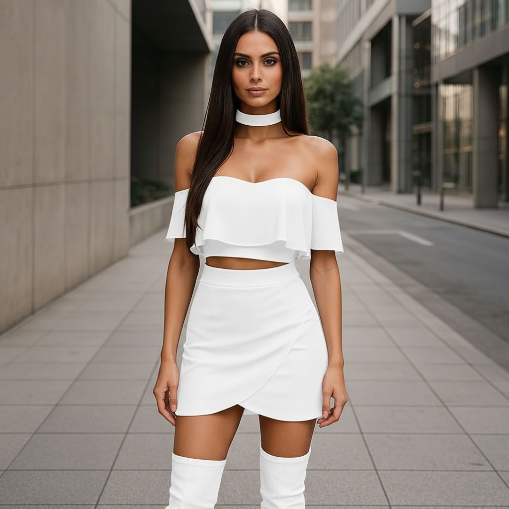 Бял празничен комплект с бюстие и мини пола C0352