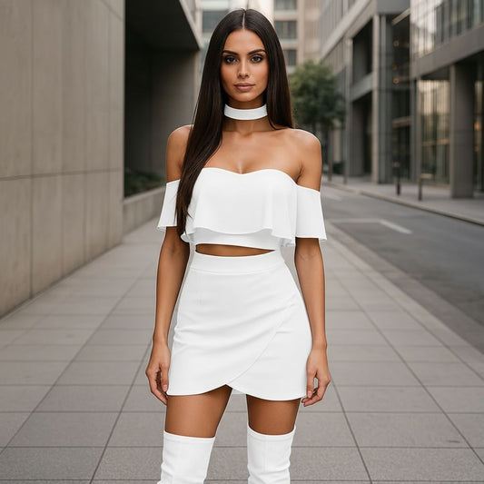 Бял празничен комплект с бюстие и мини пола C0352